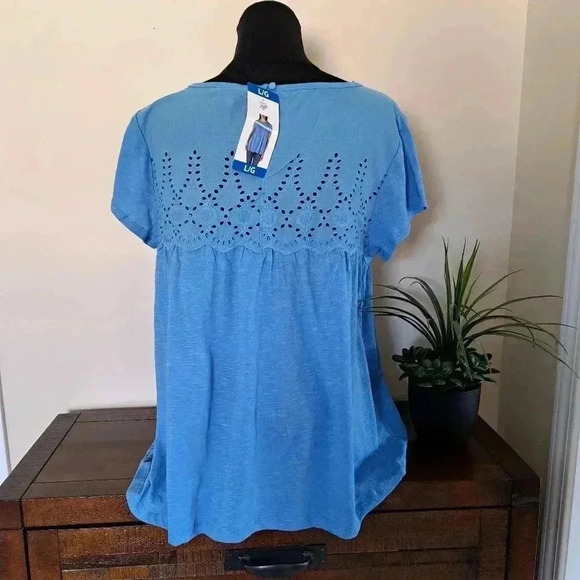 ❤ NWT Jachs Girlfriend Blue Cotton Top Large Slub Knit Short Sleeved Eyelet Yoke - Picture 3 of 12